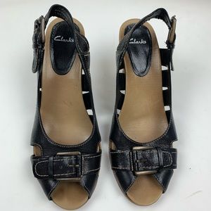 Clarks Black Leather Wedge Sandals 7